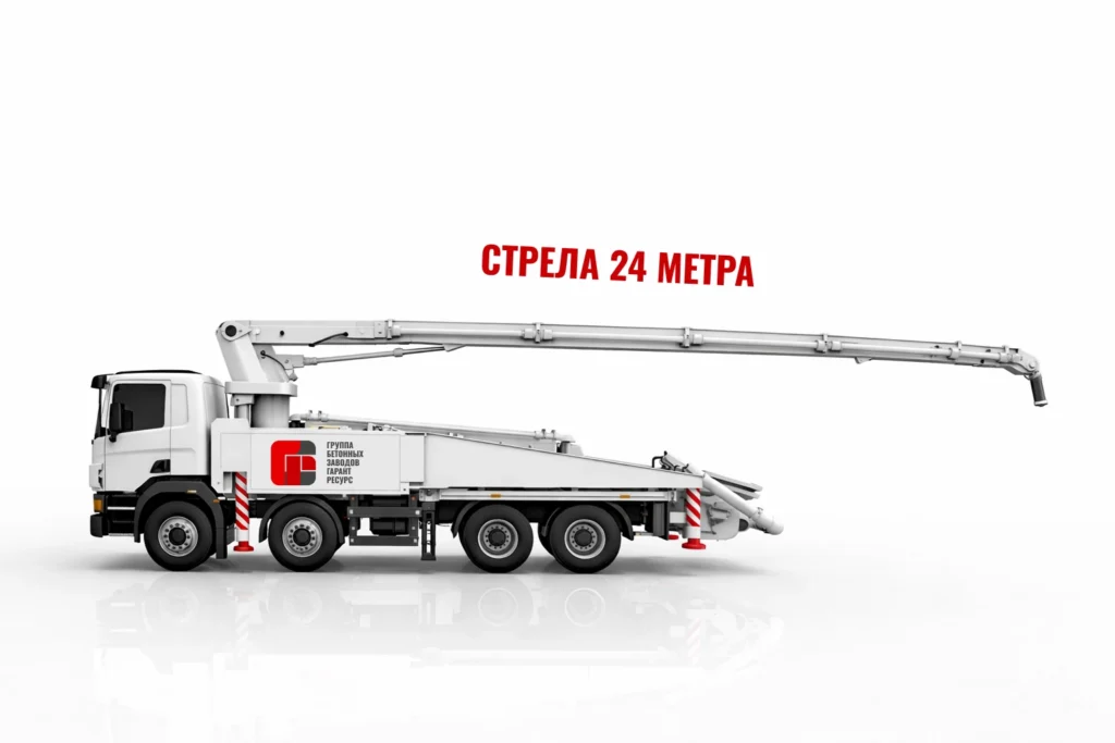 Автобетононасос со стрелой 24 м для подачи бетона на строительном объекте в Кратово